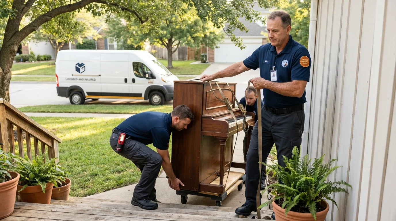 Licensed piano movers securing grand piano in Oconomowoc, WI