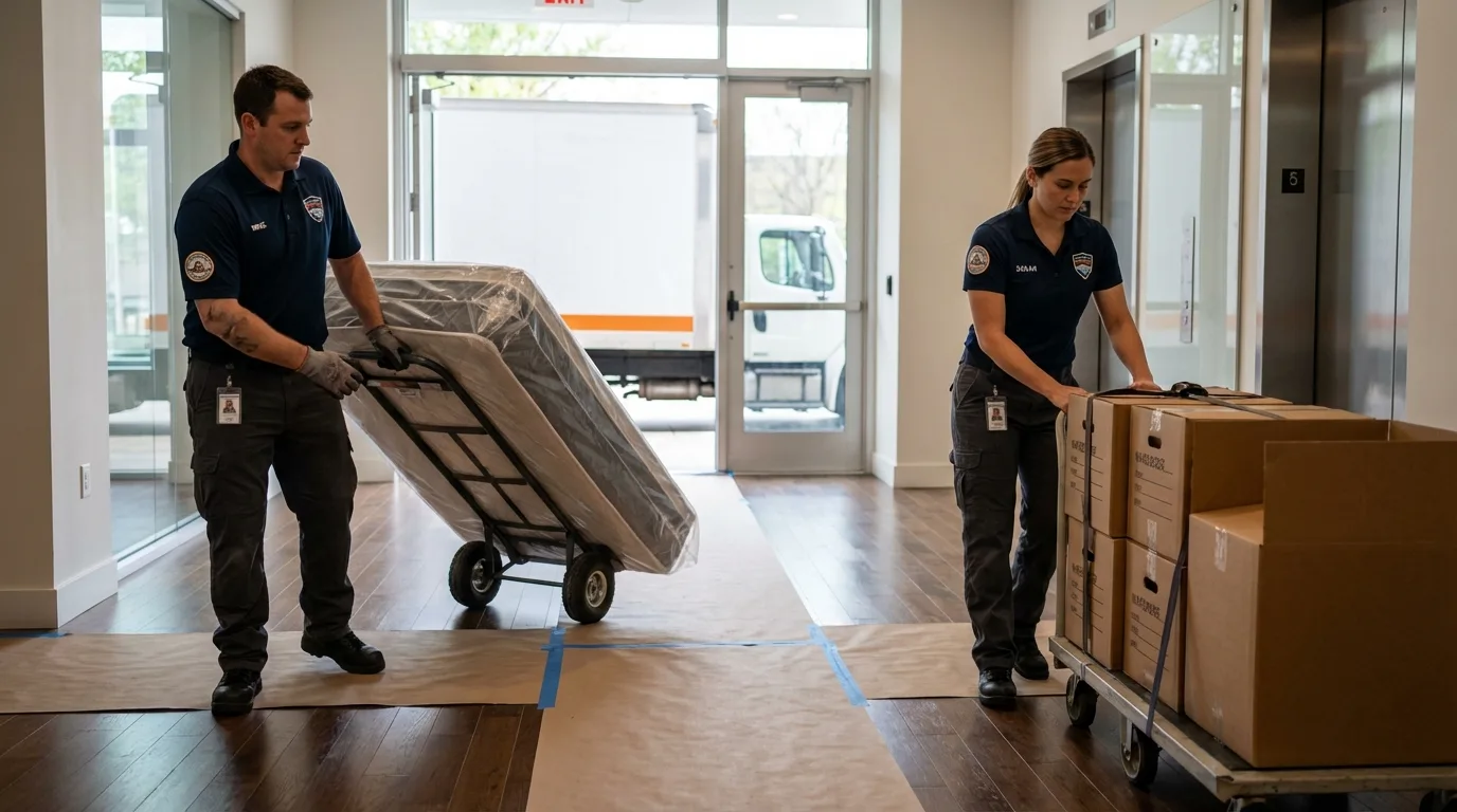 Professional apartment movers loading elevator in Oconomowoc, WI