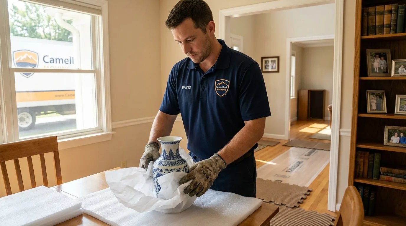 Professional crew carefully wrapping antique vase for senior downsizing move in Oconomowoc, WI